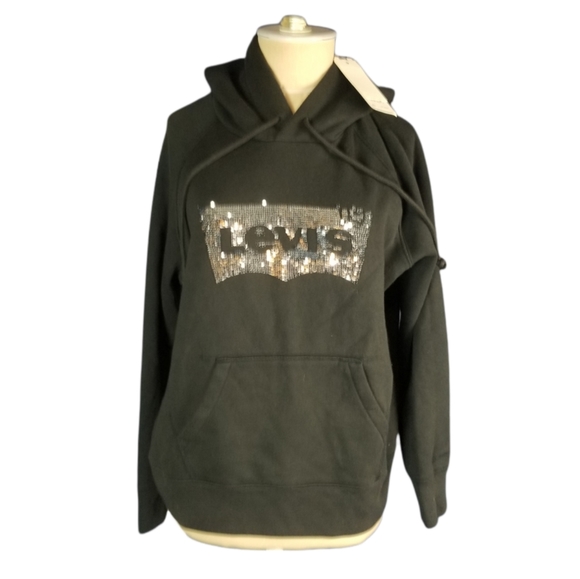 NEW LEVI'S BLACK PULLOVER sequined logo HOODIE size  XS - Picture 1 of 4
